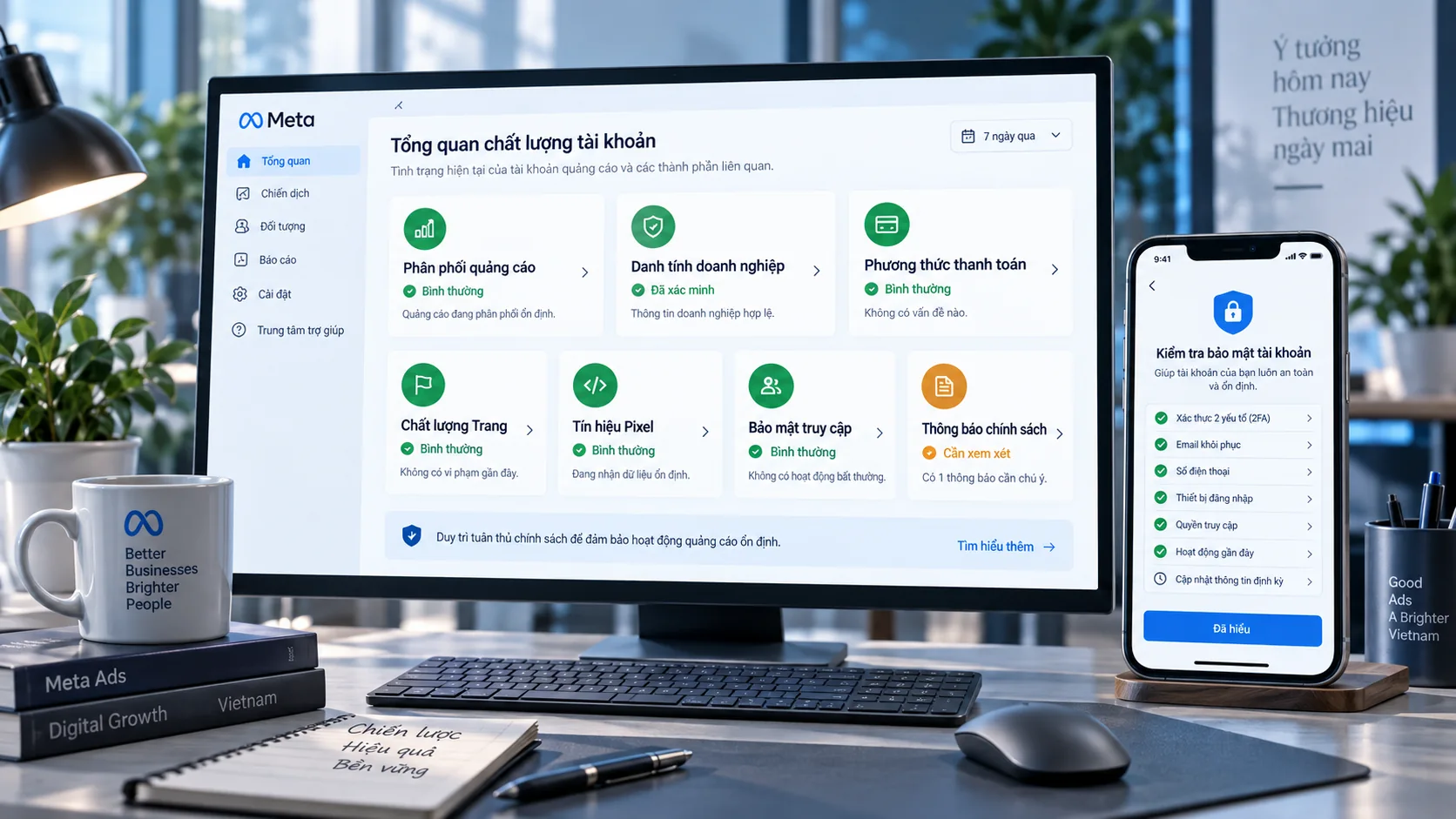 Bốn nhóm kiểm tra tình trạng tài khoản Meta: chính sách, thanh toán, quyền bảo mật và tài sản liên kết