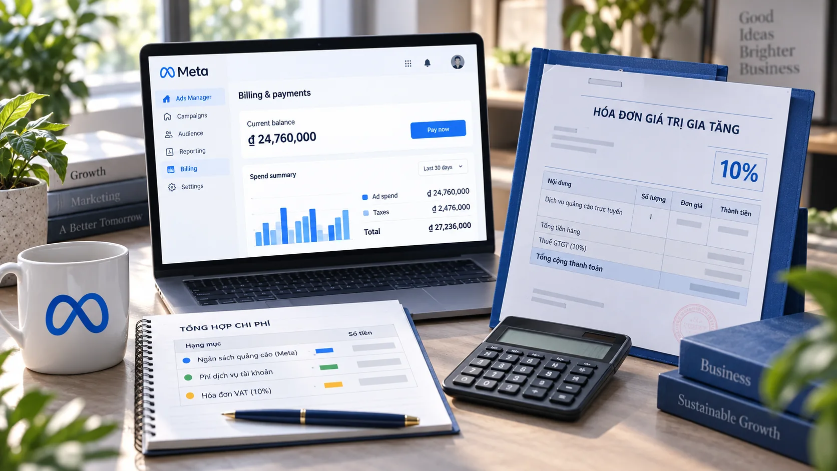 Mô phỏng biên nhận Meta và hóa đơn GTGT 10% theo giao dịch đã xác nhận