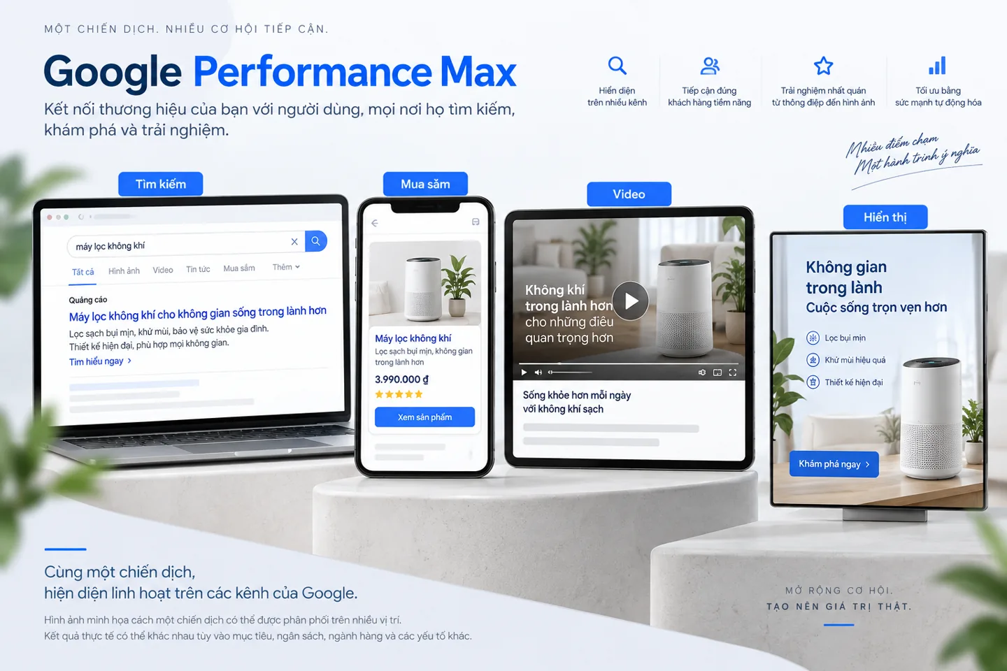 Mô phỏng một chiến dịch Performance Max trên các vị trí Tìm kiếm, Mua sắm, Video và Hiển thị