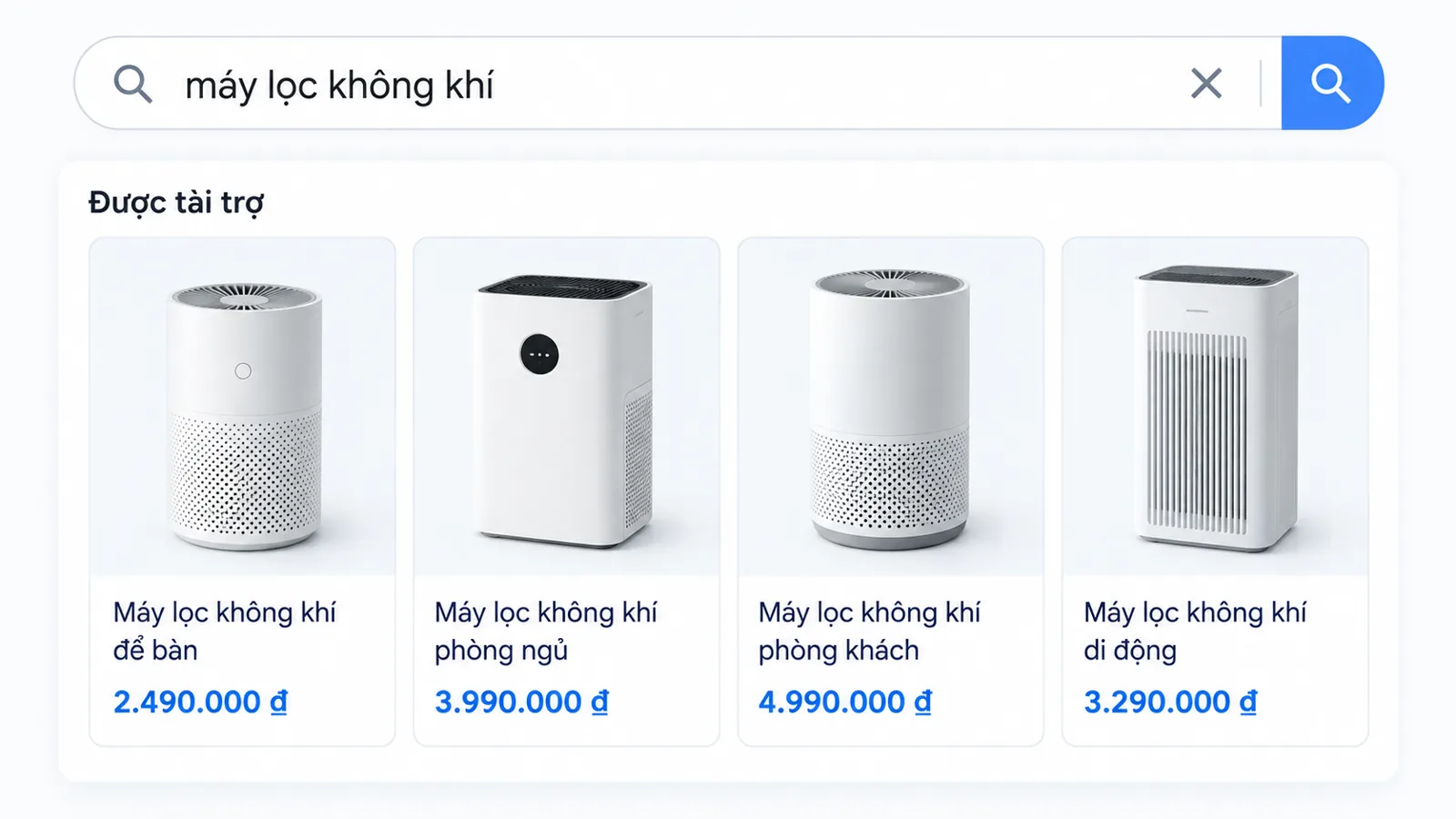 Mô phỏng các thẻ sản phẩm có hình ảnh và giá trong quảng cáo Google Shopping