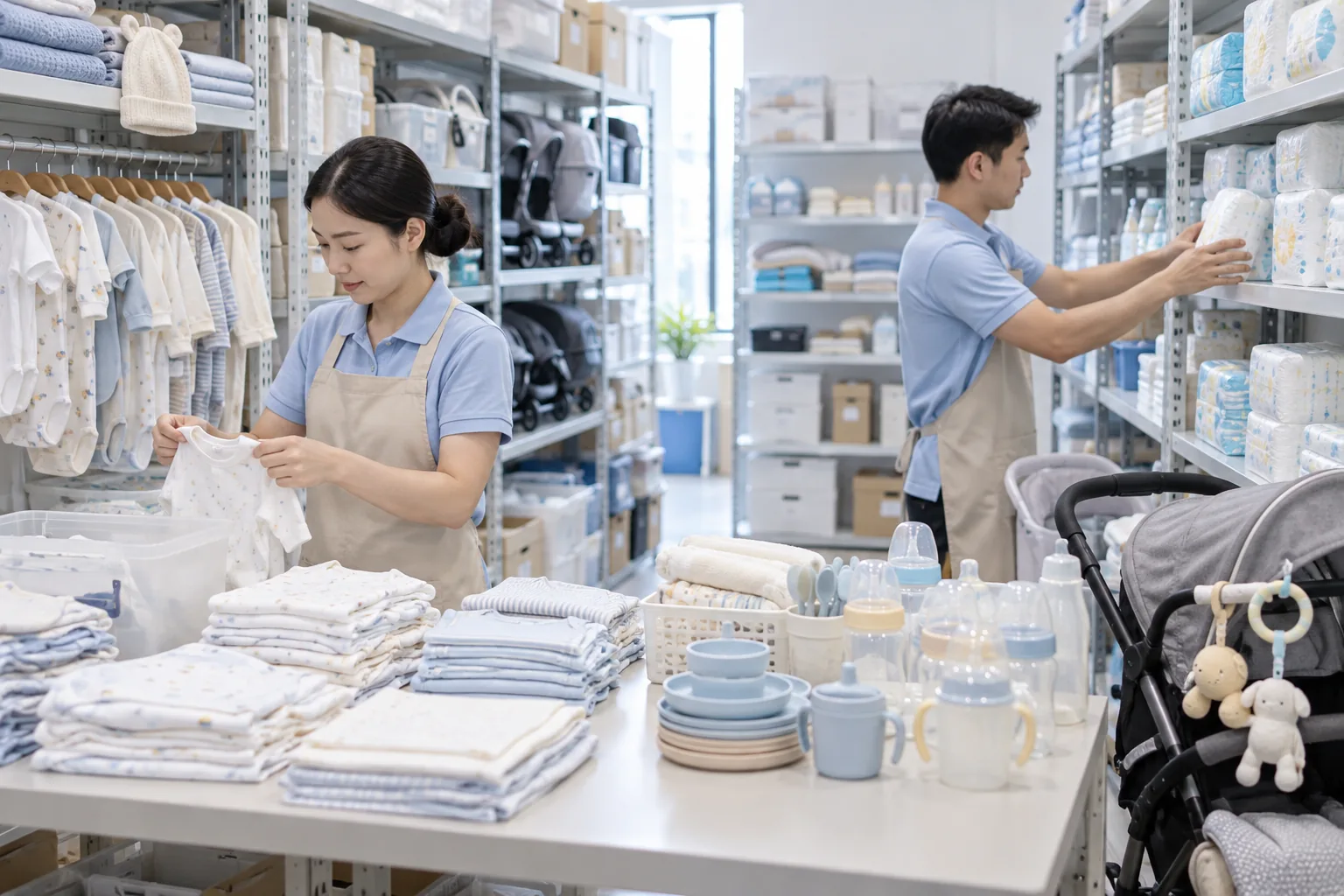Các nhóm sản phẩm mẹ và bé được sắp xếp để chuẩn bị danh mục quảng cáo