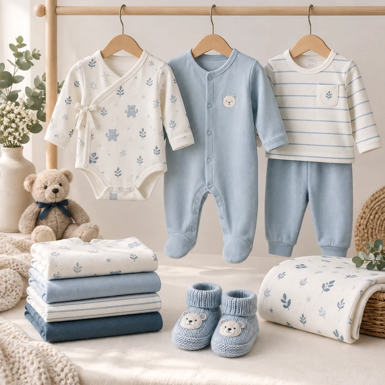 Bộ quần áo cotton xanh và trắng minh họa thẻ đầu carousel mẹ và bé