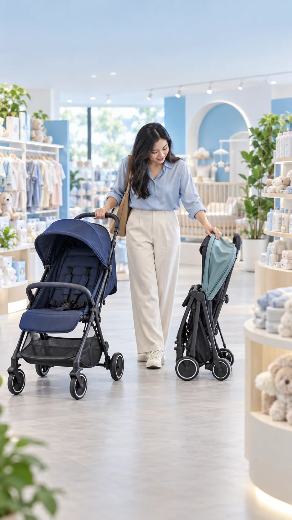 Người mua so sánh hai mẫu xe đẩy tại cửa hàng trong ảnh Story dọc