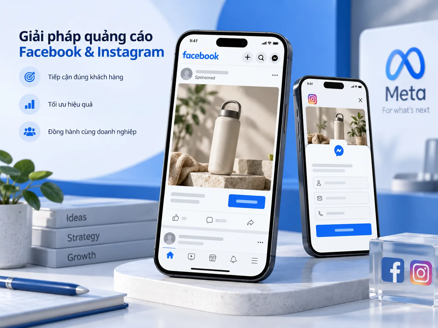 Mô phỏng quảng cáo Facebook trên bảng tin và biểu mẫu nhận khách trên Instagram