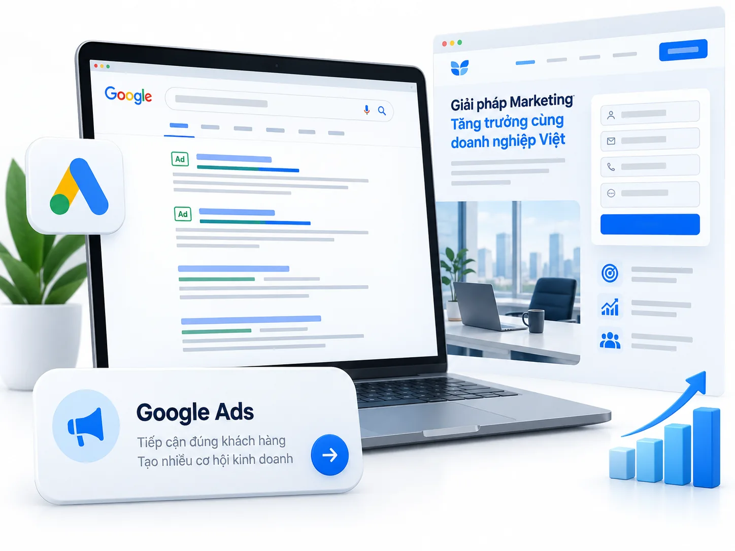 Mô phỏng quảng cáo Google Search xuất hiện trên trang kết quả tìm kiếm và trang đích nhận lead