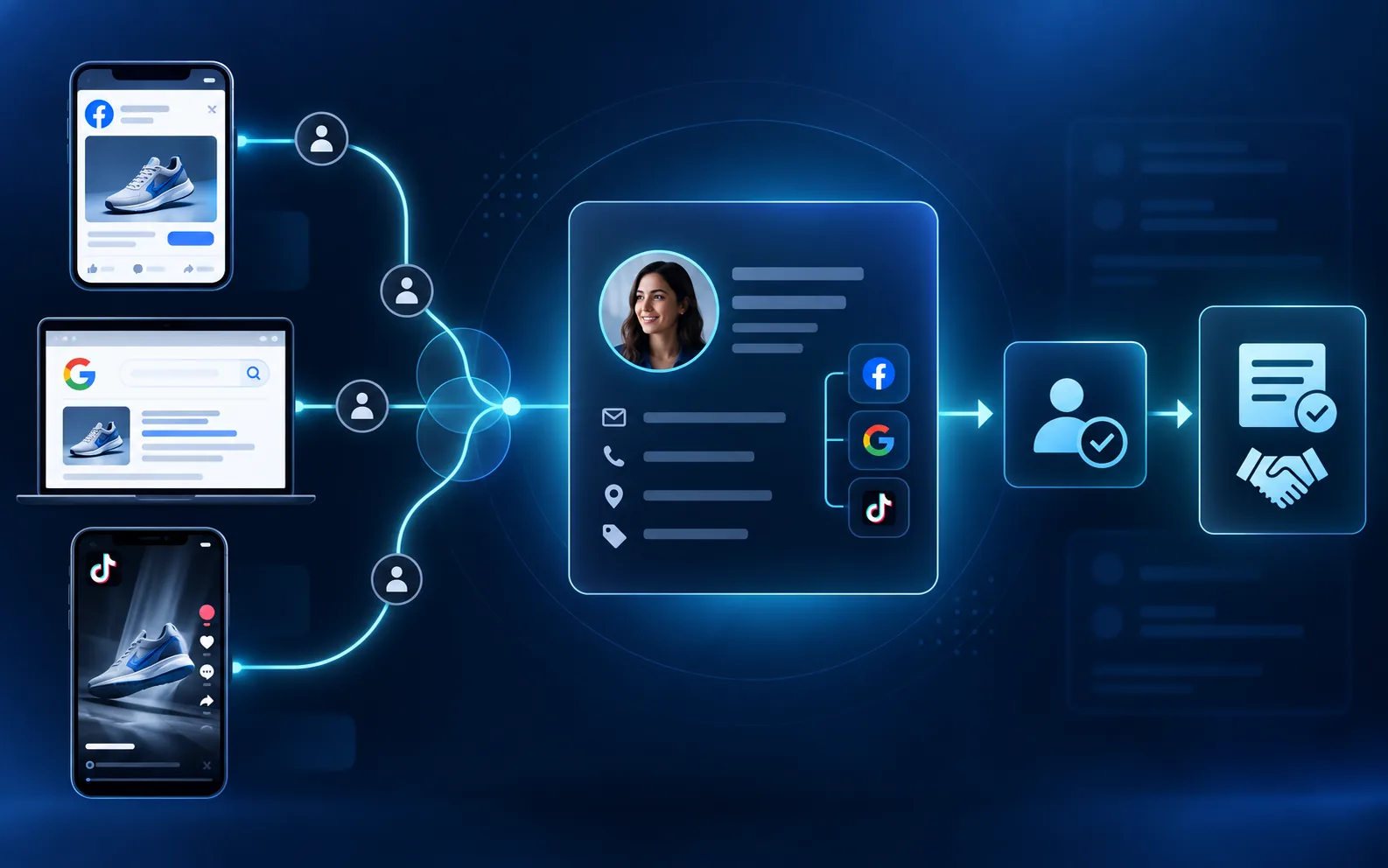 Minh họa dữ liệu từ quảng cáo Facebook, Google và TikTok được hợp nhất thành một khách hàng đã xác nhận