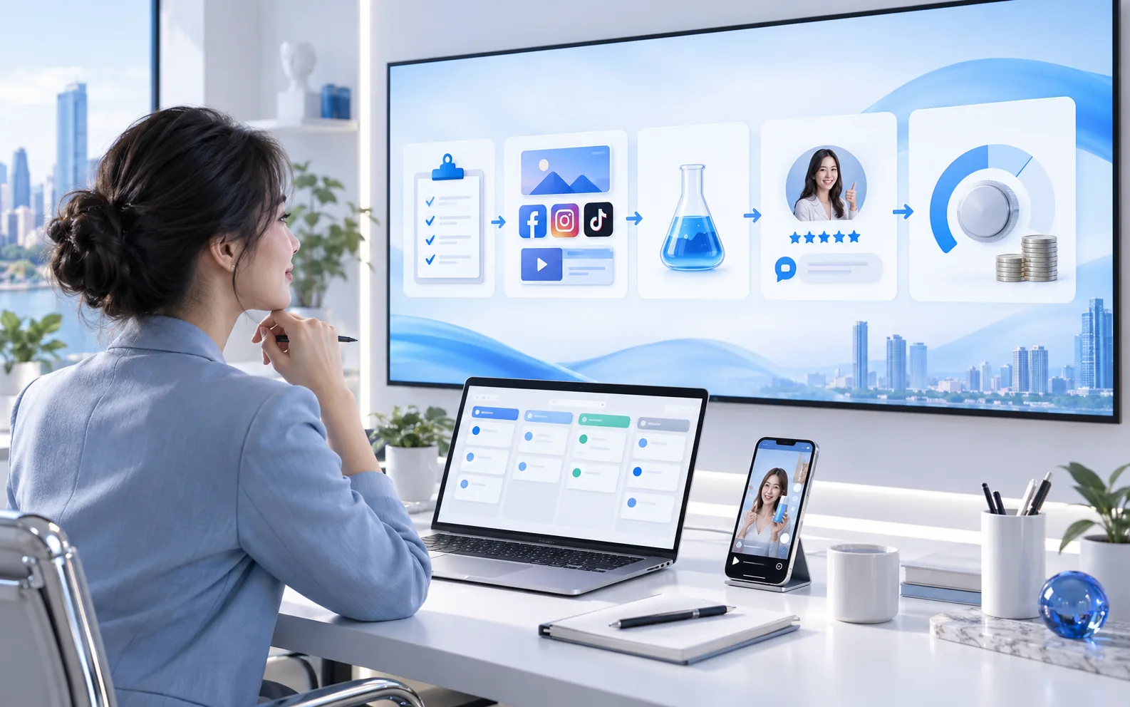 Mô phỏng quy trình rà brief, chọn kênh, thử quảng cáo và điều chỉnh theo phản hồi của khách