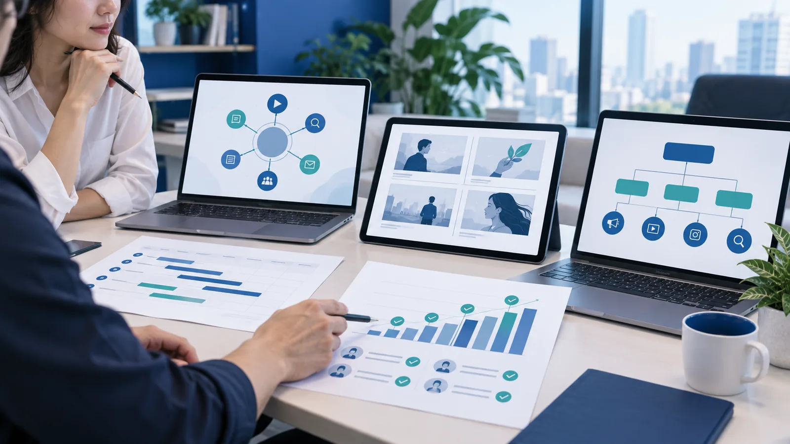 Mô phỏng bộ tài liệu bàn giao gồm kế hoạch media, lịch nội dung, cấu trúc chiến dịch và báo cáo chung