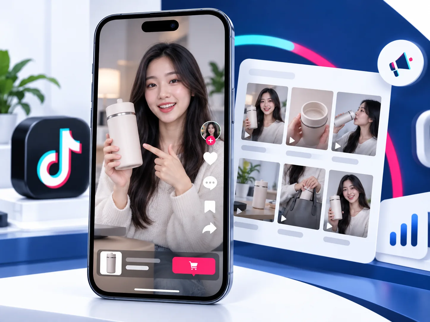 Mô phỏng quảng cáo video ngắn TikTok với người giới thiệu sản phẩm và lời kêu gọi mua hàng