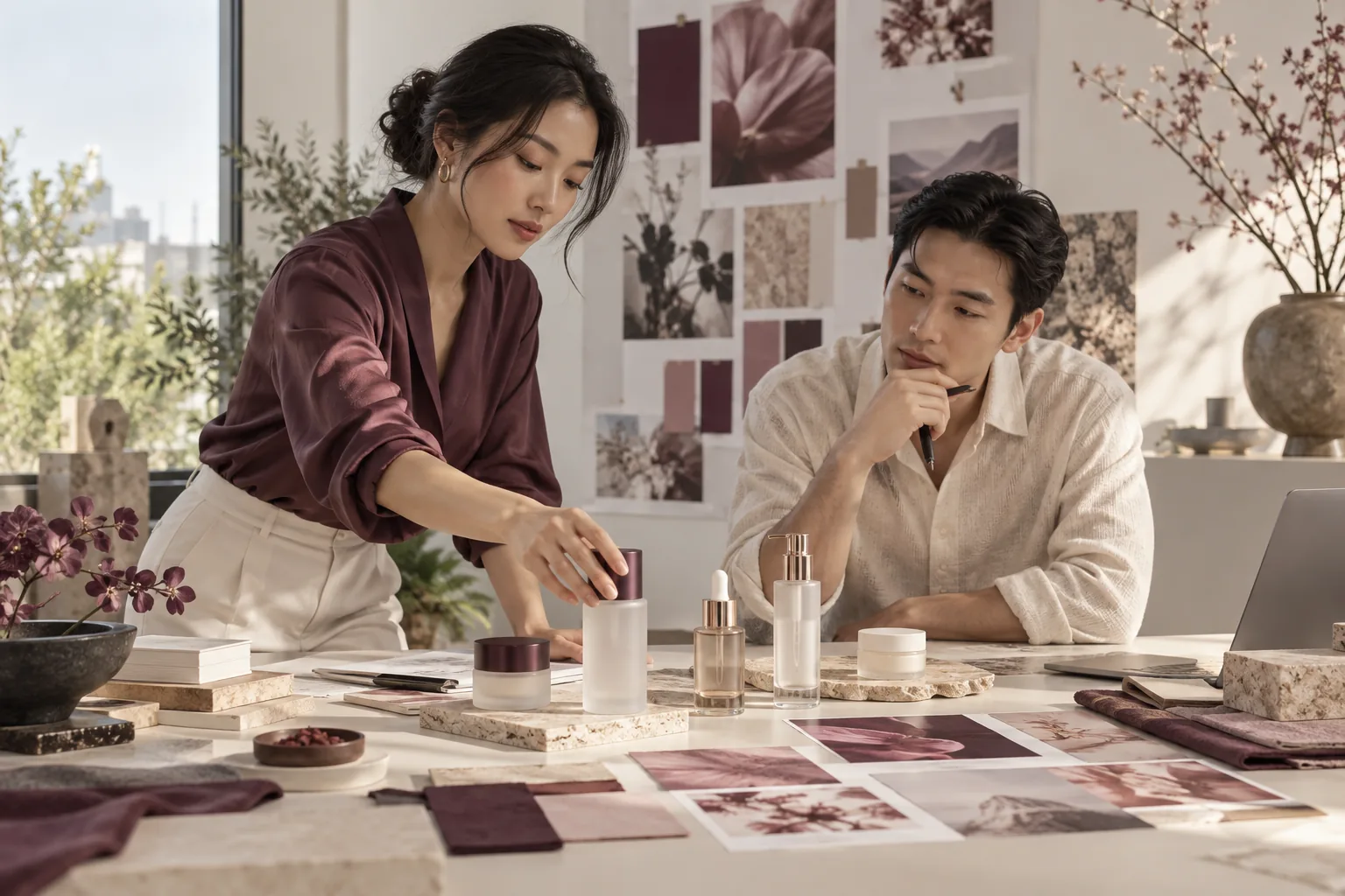 Nhân sự thương hiệu mỹ phẩm thảo luận định hướng quảng cáo và sản phẩm