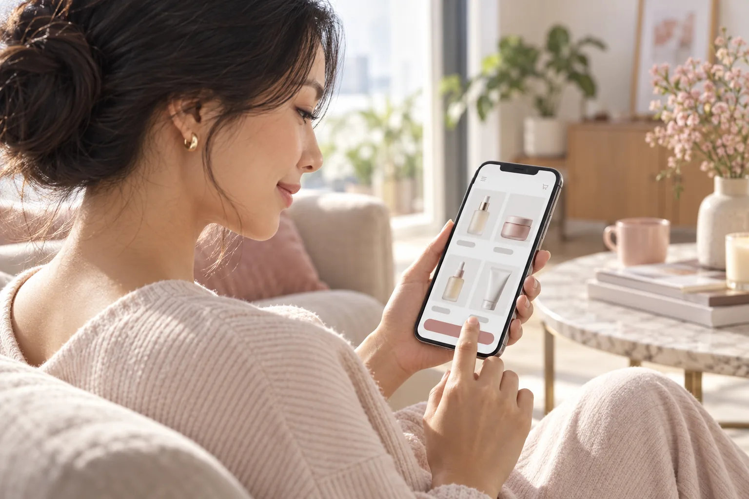 Khách hàng tìm hiểu sản phẩm mỹ phẩm trên điện thoại
