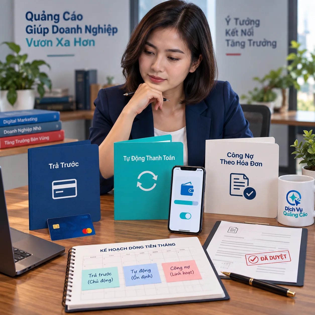 Người phụ trách tài chính so ba hình thức trả trước, tự động trừ thẻ và công nợ theo hóa đơn