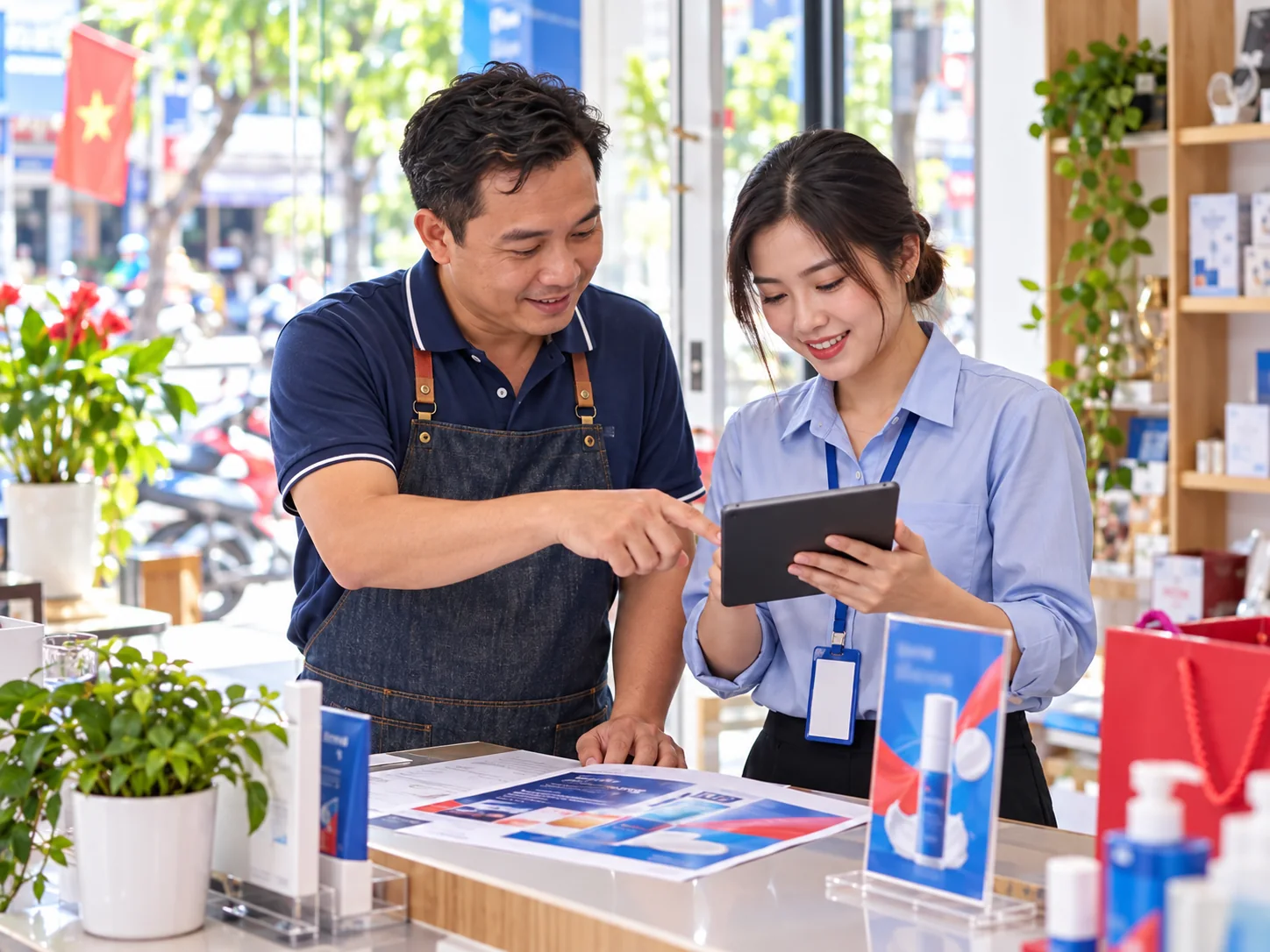 Chủ cửa hàng kiểm tra tài liệu quảng cáo và trang nhận khách trên máy tính bảng