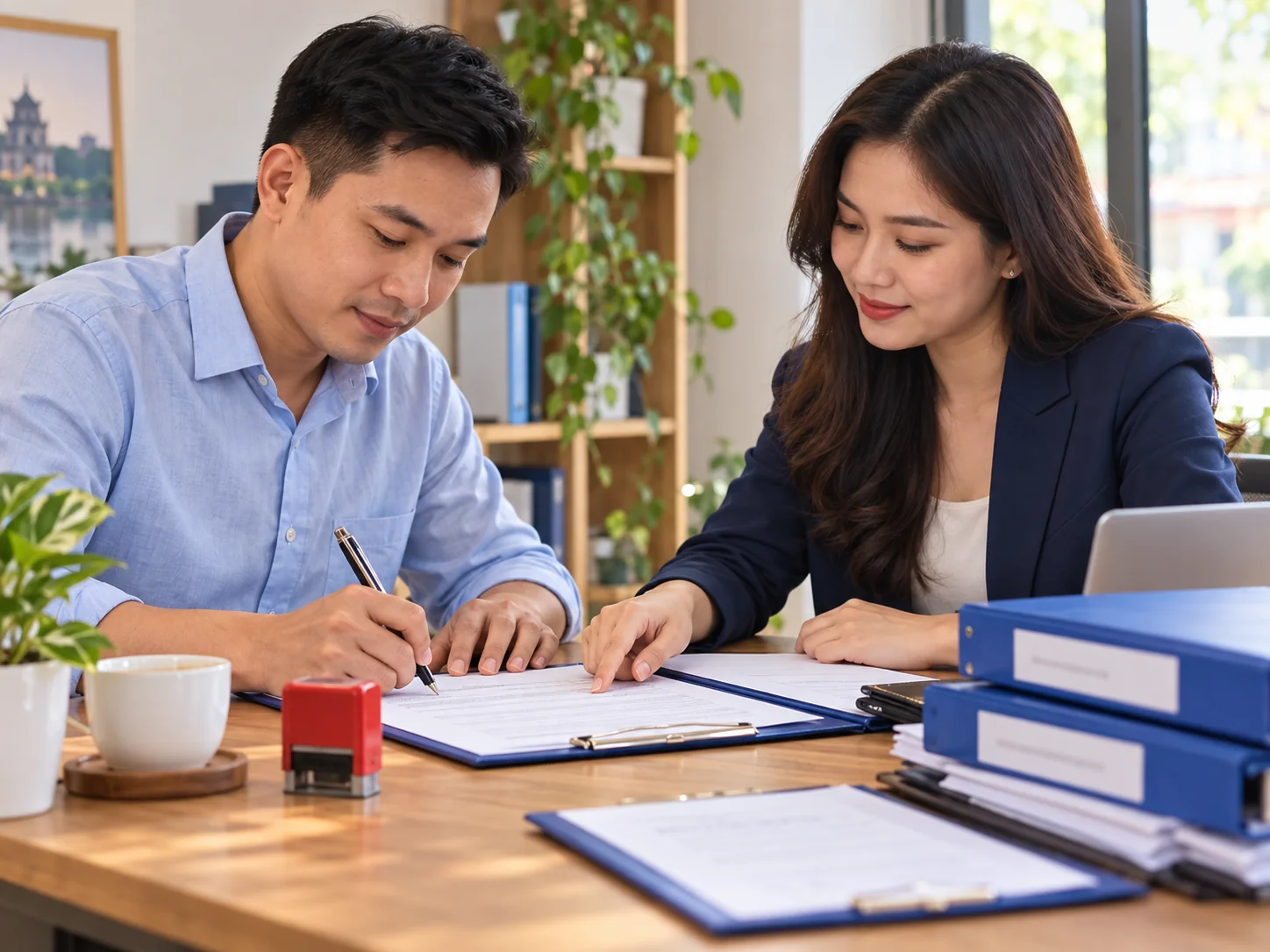 Đại diện doanh nghiệp và agency xem lại biên bản trước khi ký nghiệm thu