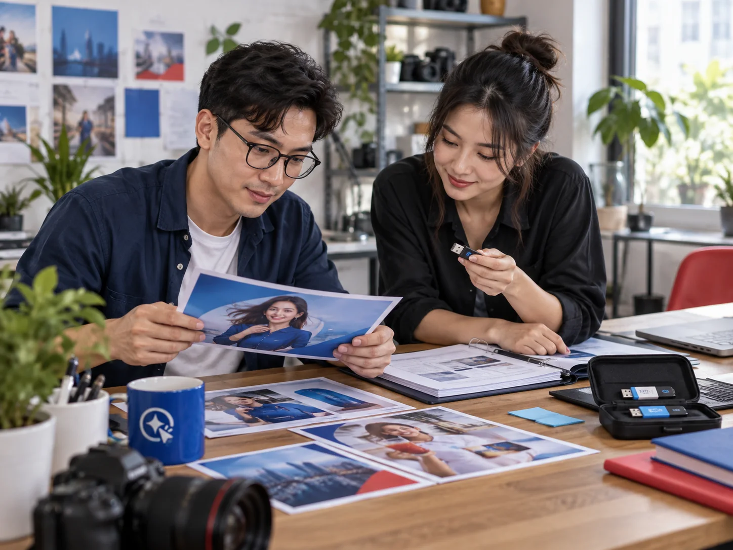 Hai nhân sự kiểm tệp sáng tạo và hồ sơ bàn giao của chiến dịch quảng cáo