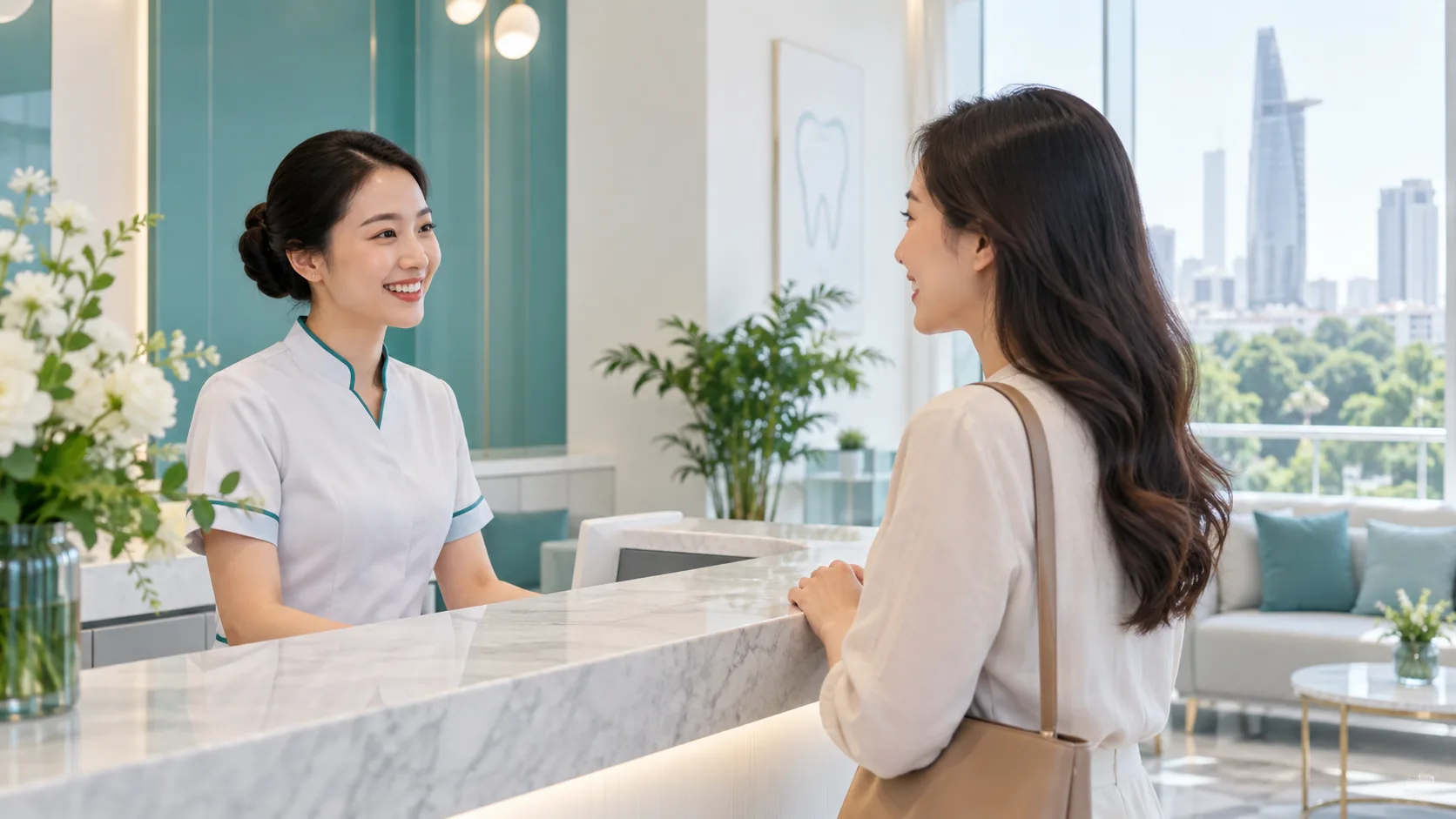Nhân viên đón khách tại quầy lễ tân phòng khám nha khoa