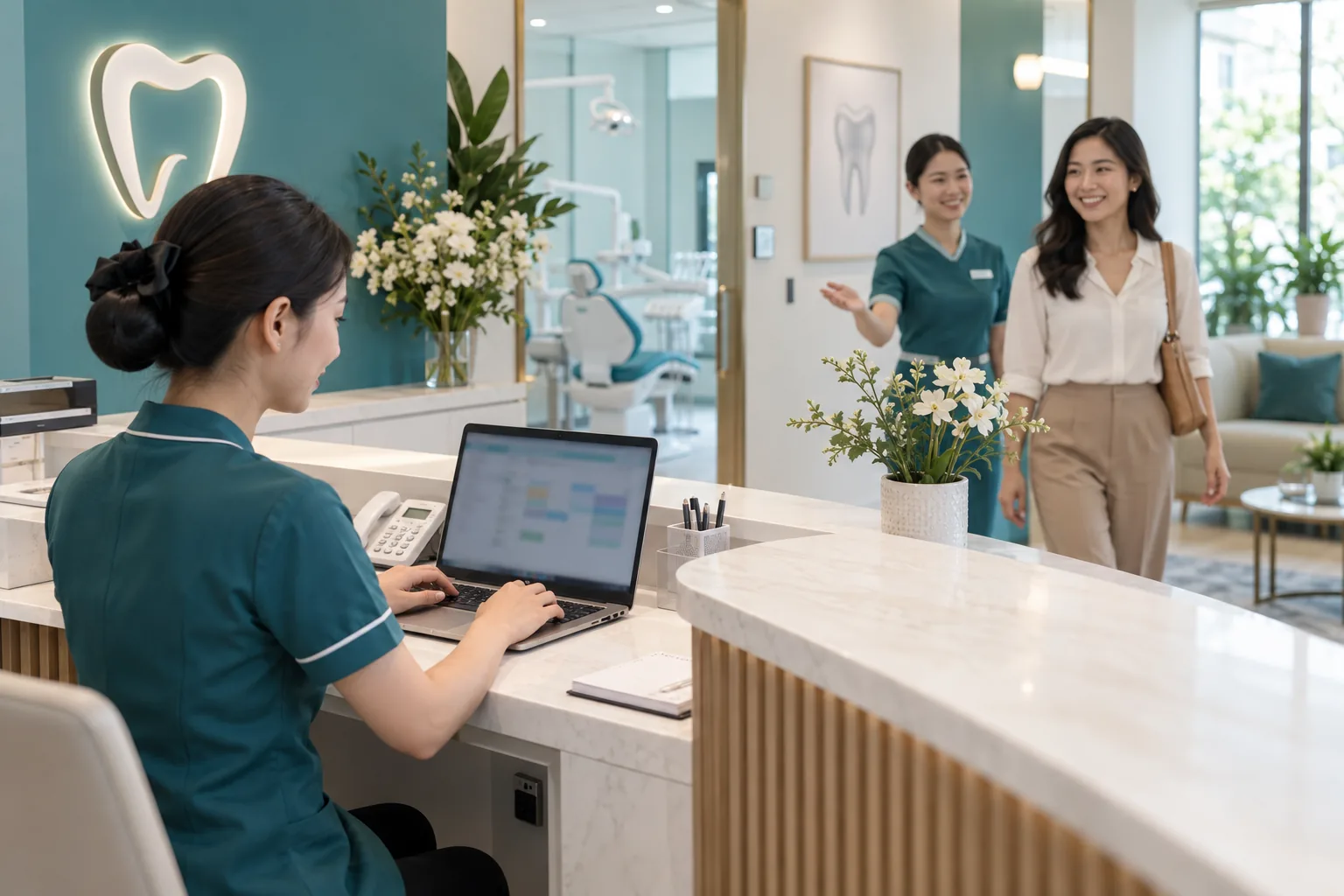 Nhân viên lễ tân kiểm tra lịch hẹn khi đón khách nha khoa