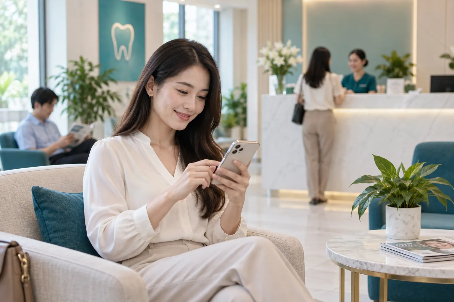 Khách tìm hiểu thông tin phòng khám nha khoa trên điện thoại