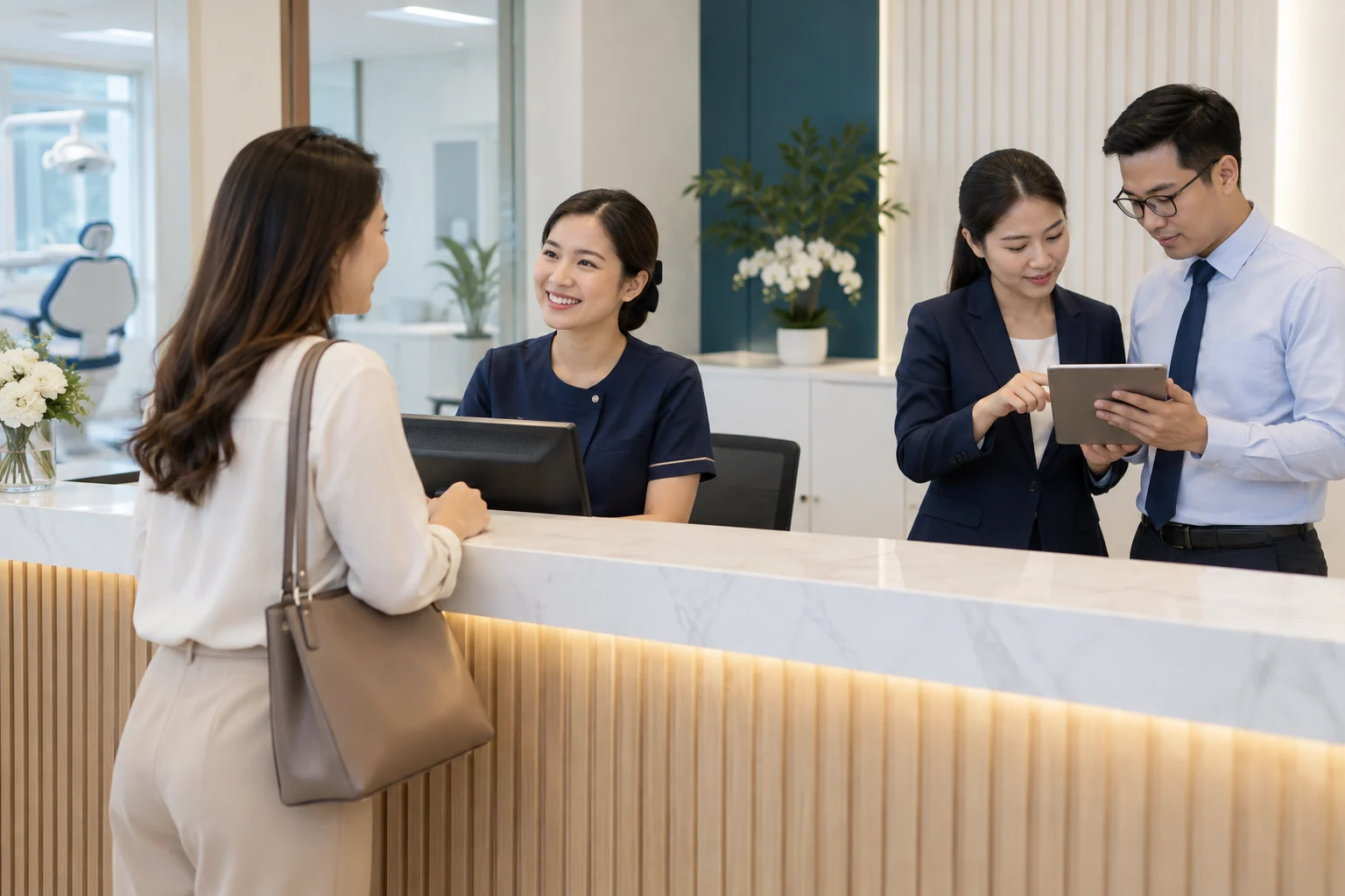Đội tiếp nhận nha khoa kiểm tra lịch hẹn và đón khách, ảnh minh họa vận hành sau quảng cáo