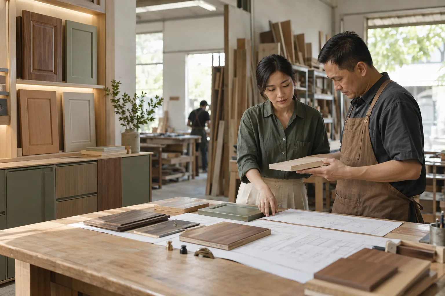 Đội thiết kế nội thất xem vật liệu và bản vẽ tại xưởng