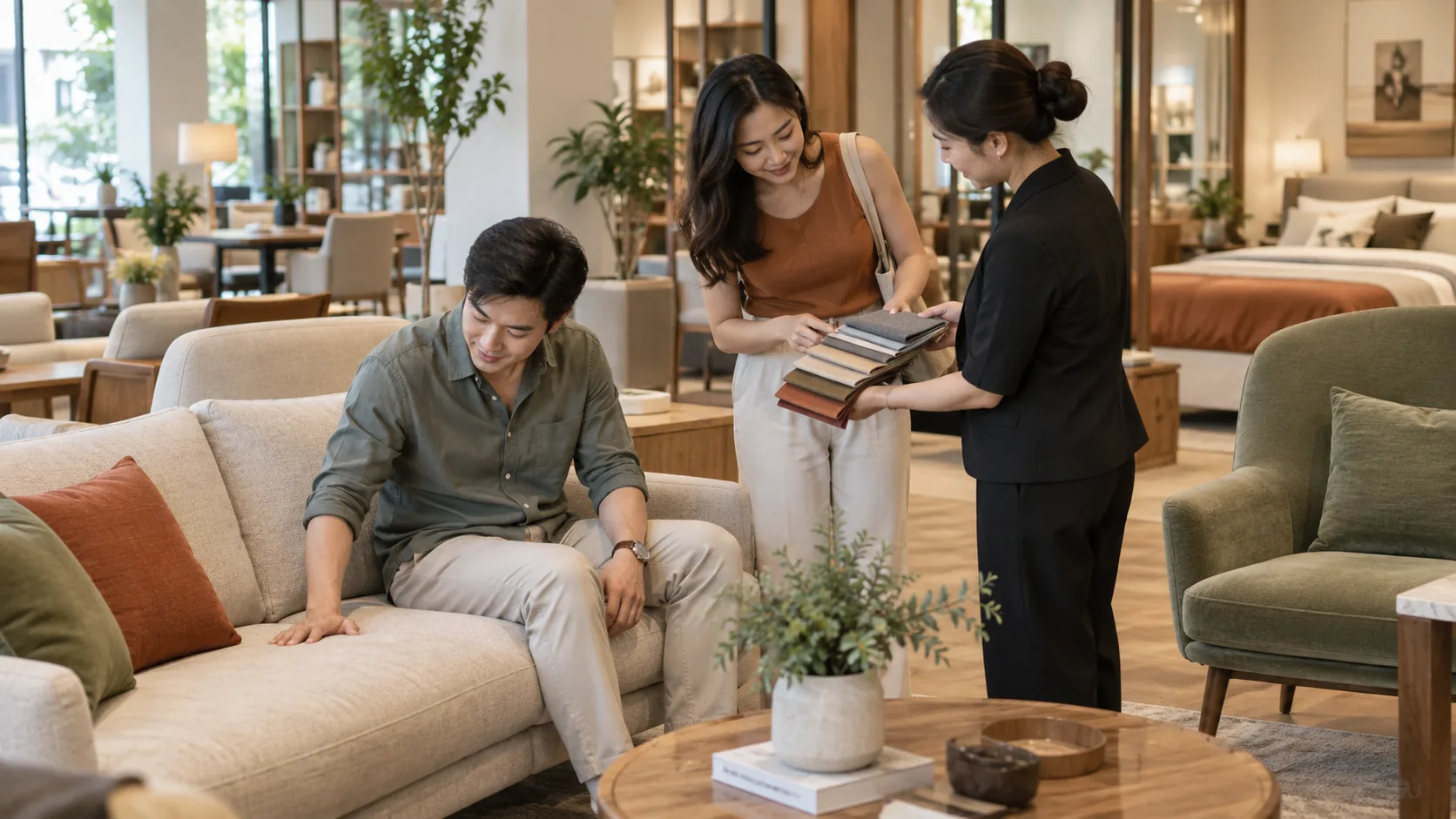 Khách hàng cùng tư vấn viên xem mẫu sofa và vật liệu tại showroom
