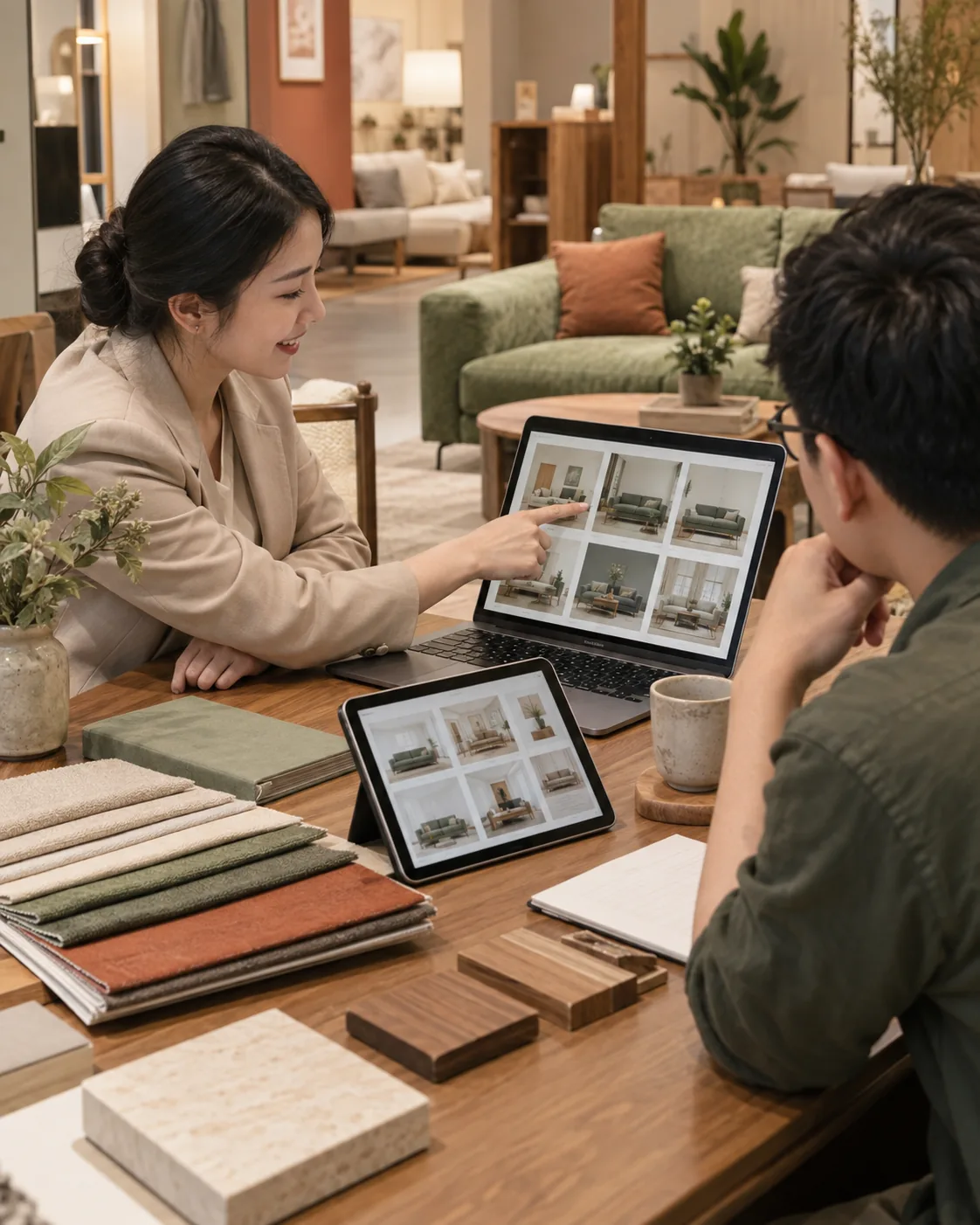 Tư vấn viên giới thiệu catalog nội thất trên máy tính cho khách