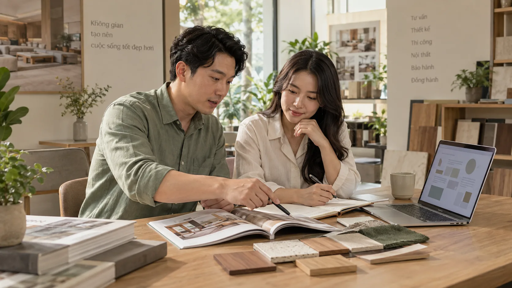 Đội ngũ showroom xem lại yêu cầu khách hàng và dữ liệu tư vấn