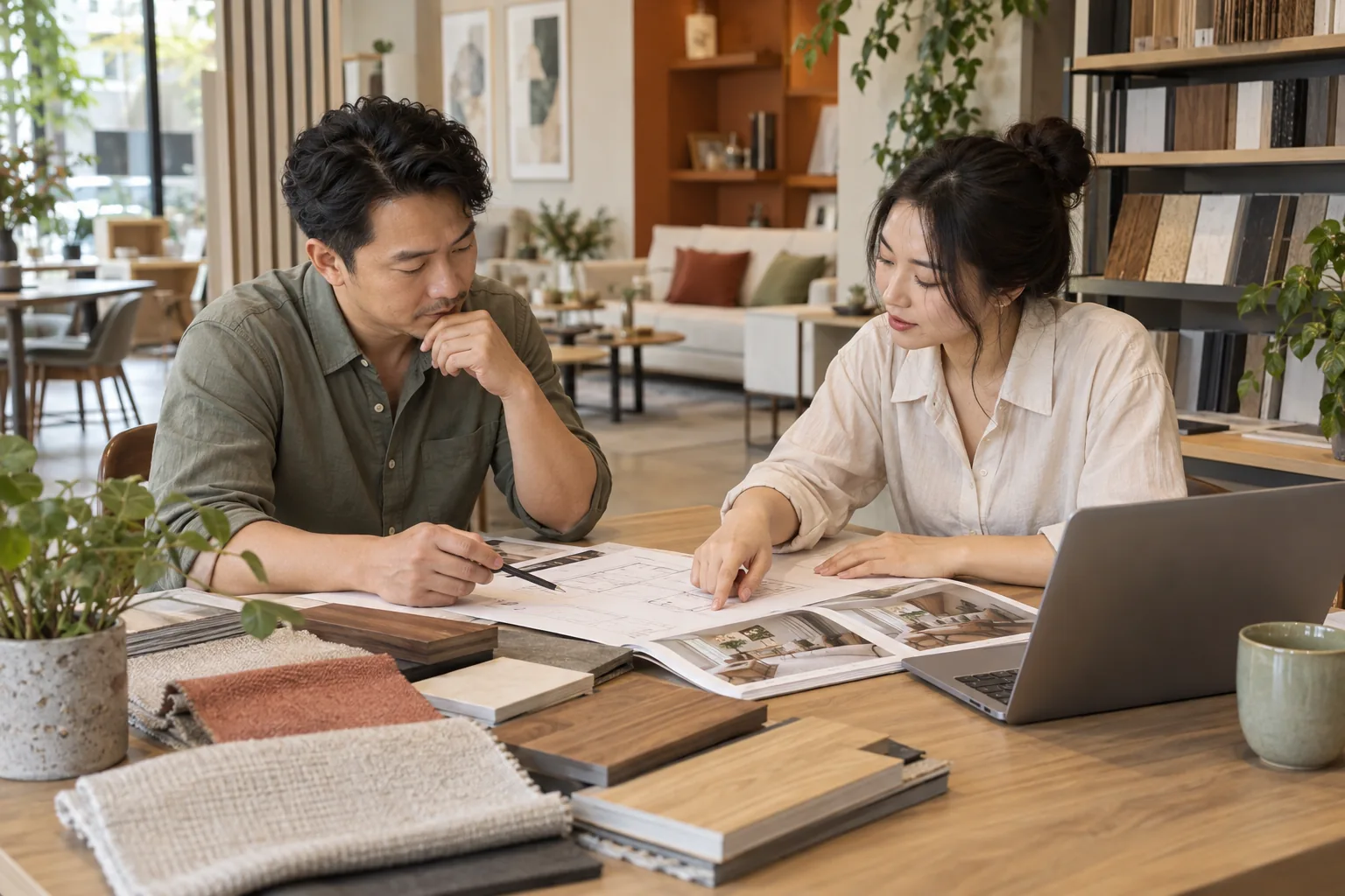 Chủ doanh nghiệp xem phương án và ngân sách nội thất cùng tư vấn viên