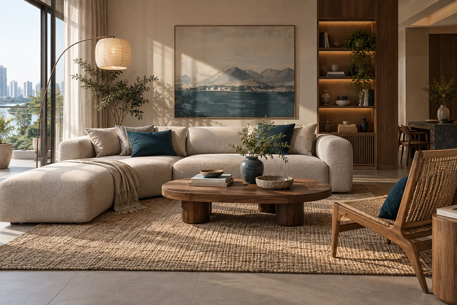 Sofa vải màu kem trong phòng khách, mẫu ảnh cho thẻ quảng cáo carousel nội thất