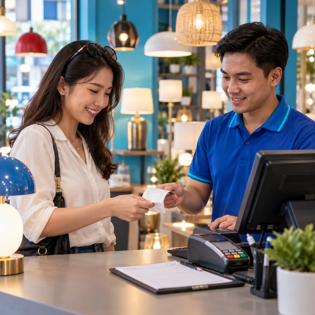 Nhân viên cửa hàng trao hóa đơn tại quầy thanh toán cho khách