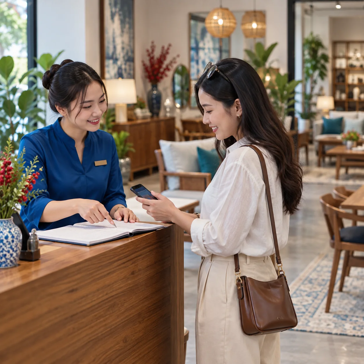 Nhân viên cửa hàng đối chiếu lịch hẹn trên điện thoại khách với sổ tiếp nhận