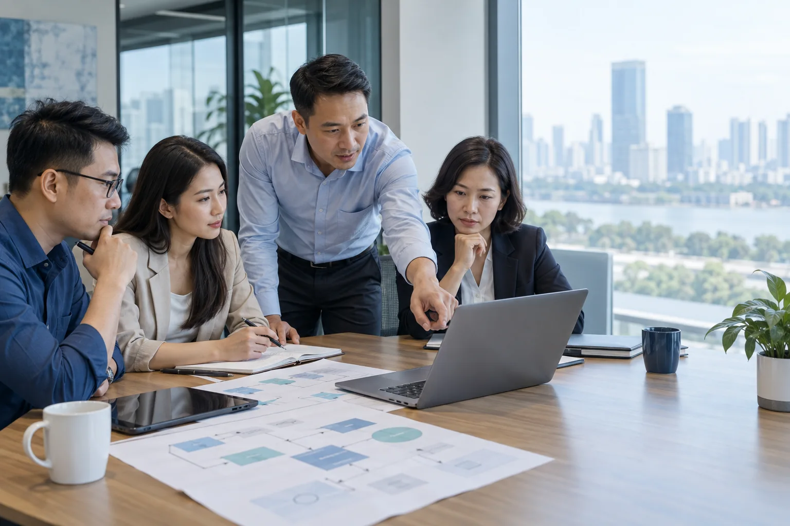 Nhóm vận hành, kỹ thuật và quản lý cùng đánh giá quy trình phần mềm B2B