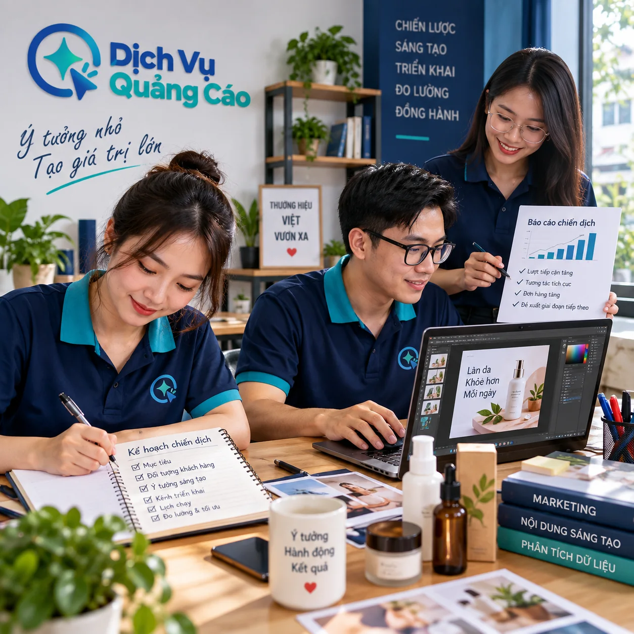 Nhóm agency lập kế hoạch, làm nội dung quảng cáo và rà báo cáo chiến dịch