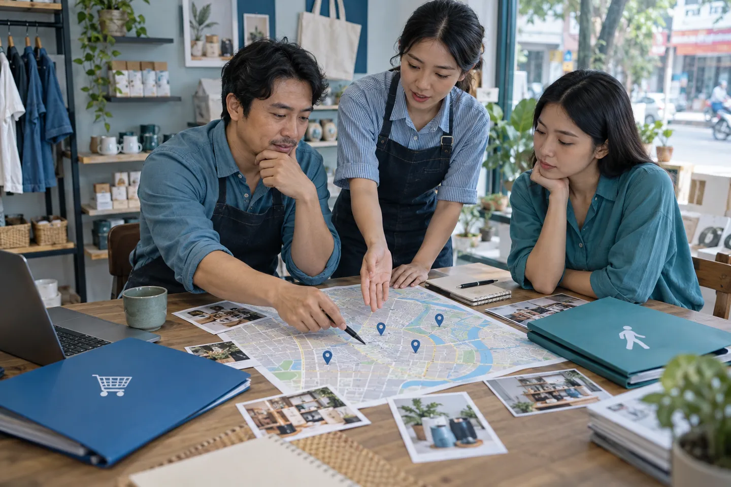 Đội vận hành thảo luận vị trí chi nhánh và phạm vi chiến dịch trên bản đồ