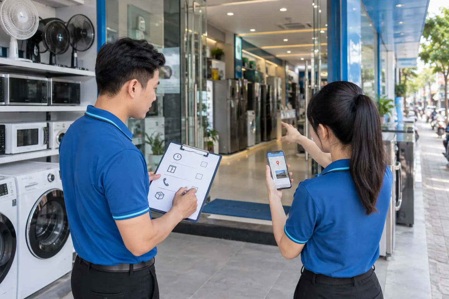 Nhân viên kiểm thông tin cửa hàng và lối vào trên điện thoại