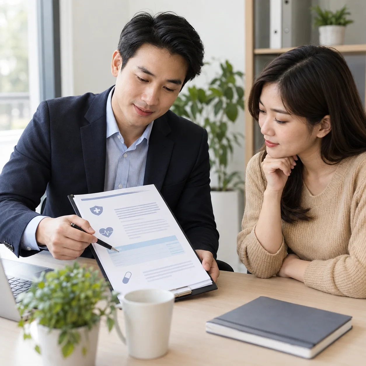 Tư vấn viên giải thích tài liệu bảo hiểm sức khỏe cho khách hàng