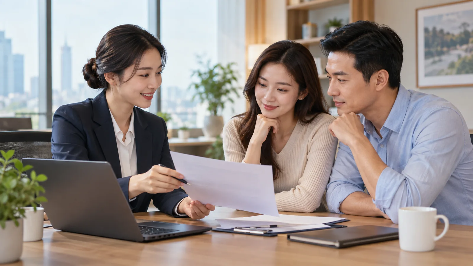 Gia đình xem tài liệu bảo hiểm cùng tư vấn viên trong mẫu trang đích