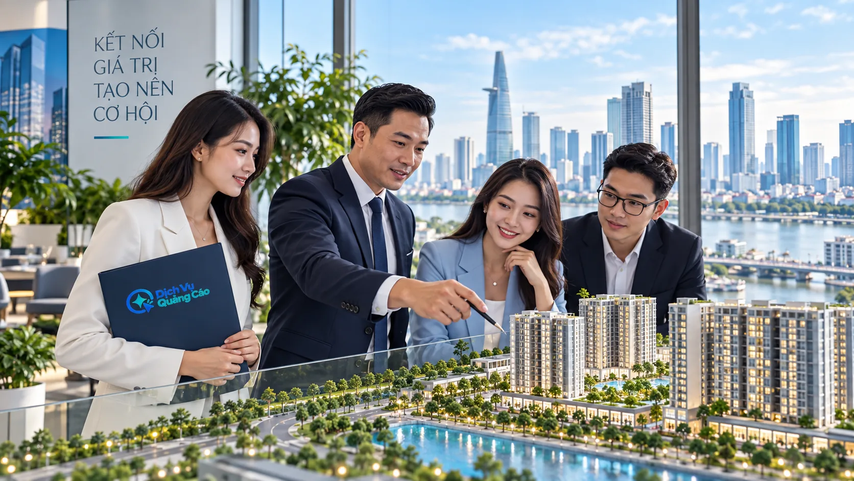 Toàn cảnh nhóm tư vấn xem sa bàn dự án bất động sản tại văn phòng