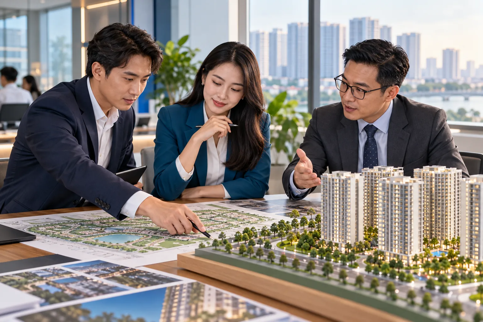 Đại diện chủ đầu tư và đơn vị phân phối xem quy hoạch dự án