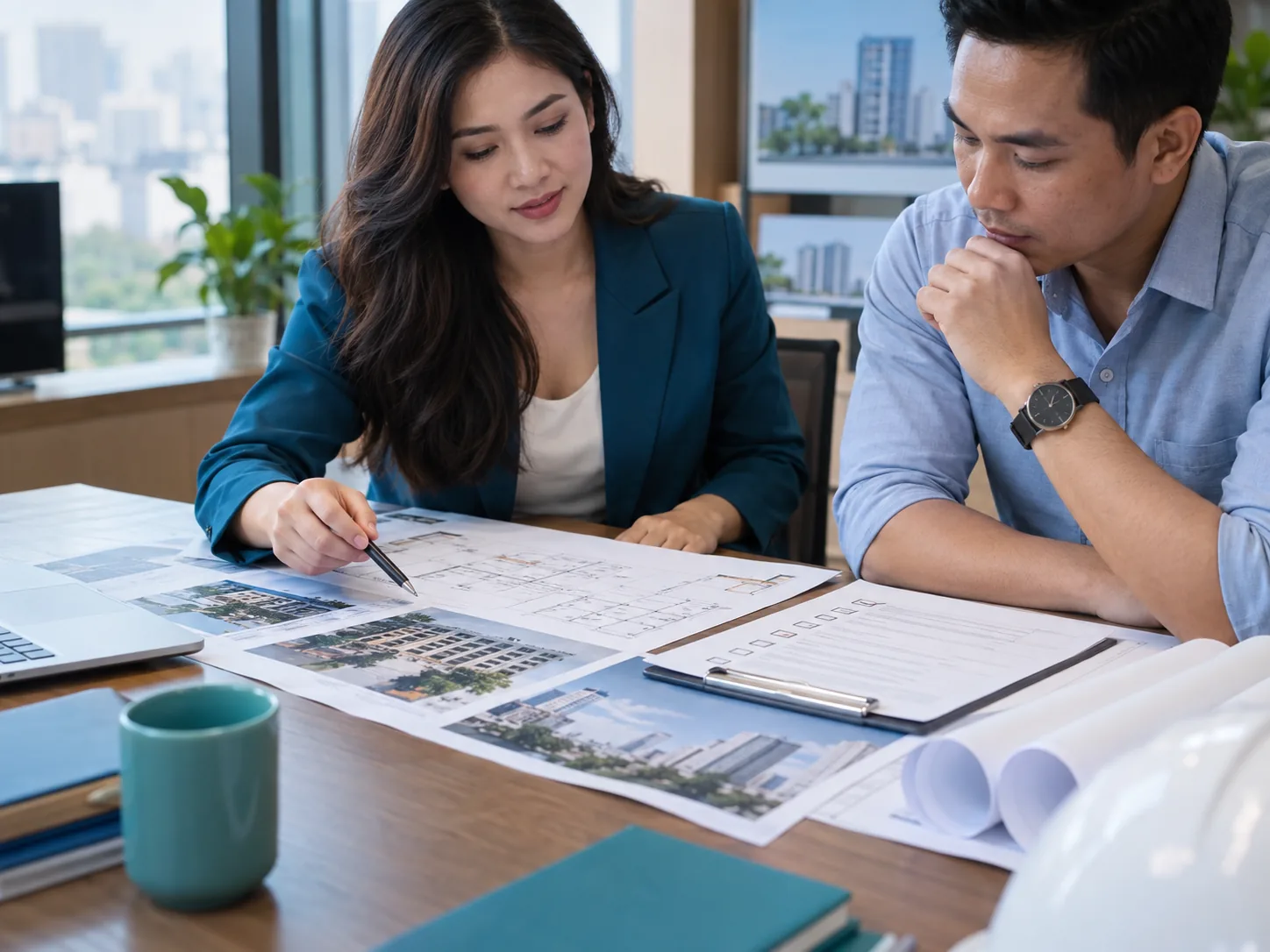 Hai người đối chiếu bản vẽ và tài liệu dự án trước khi quảng cáo
