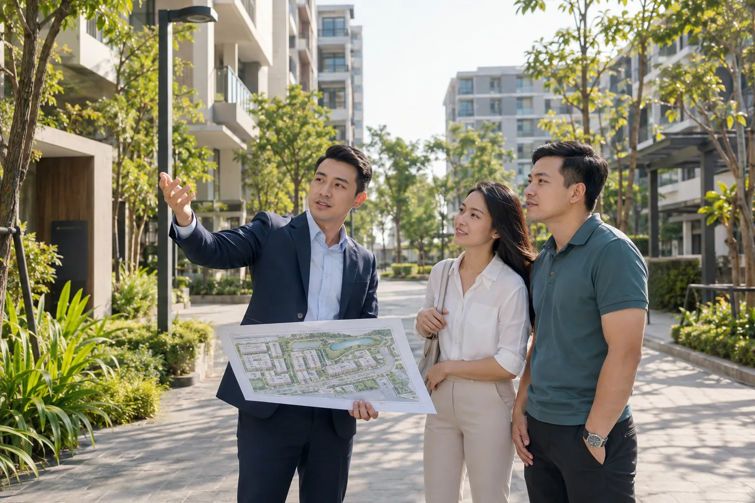Nhóm tư vấn khảo sát khu dân cư và xem sơ đồ dự án