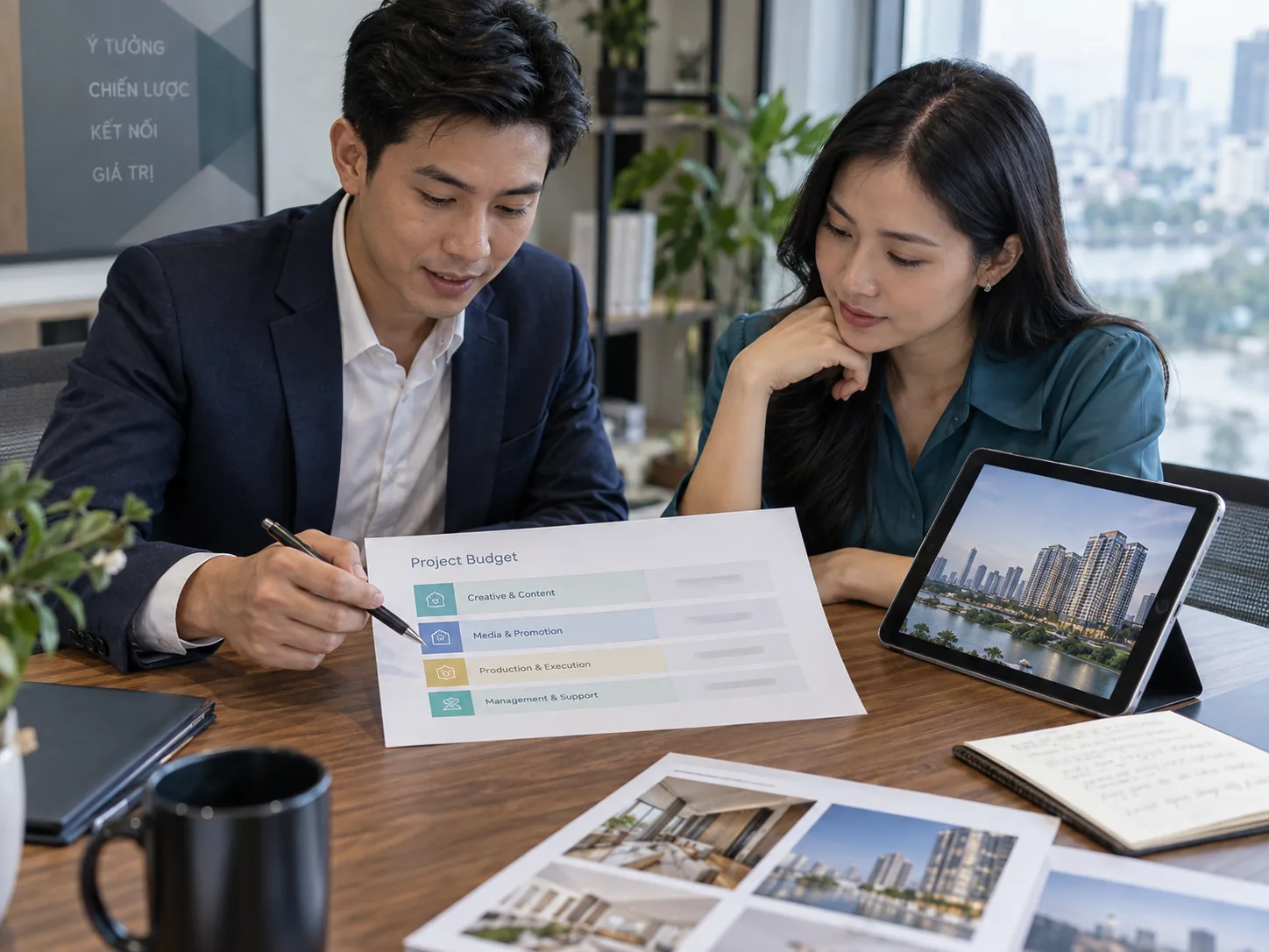 Hai người rà bảng phân bổ chi phí chiến dịch bất động sản