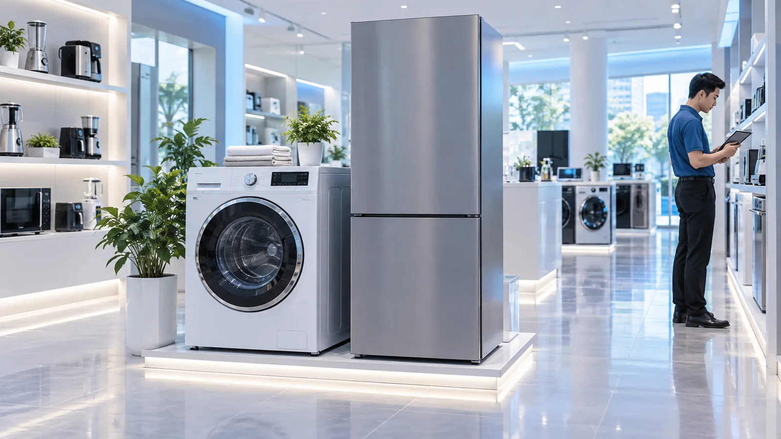 Máy giặt và tủ lạnh tại showroom điện máy trong mẫu Shopping minh họa