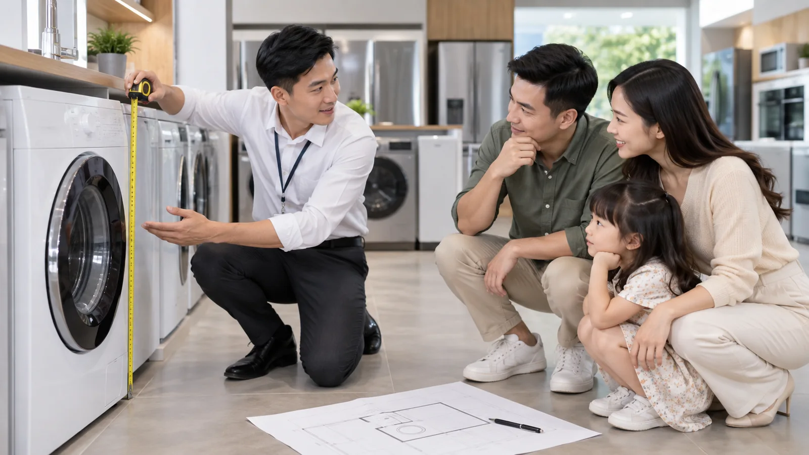 Tư vấn viên và gia đình kiểm tra kích thước máy giặt tại showroom