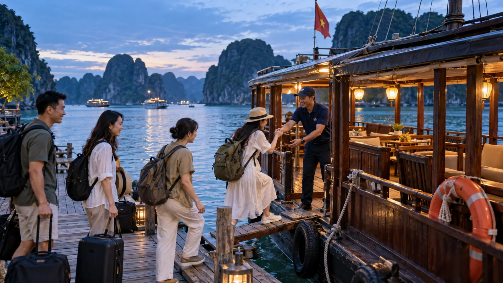 Nhóm du khách lên thuyền trong ảnh tài sản quảng cáo tour trên Google
