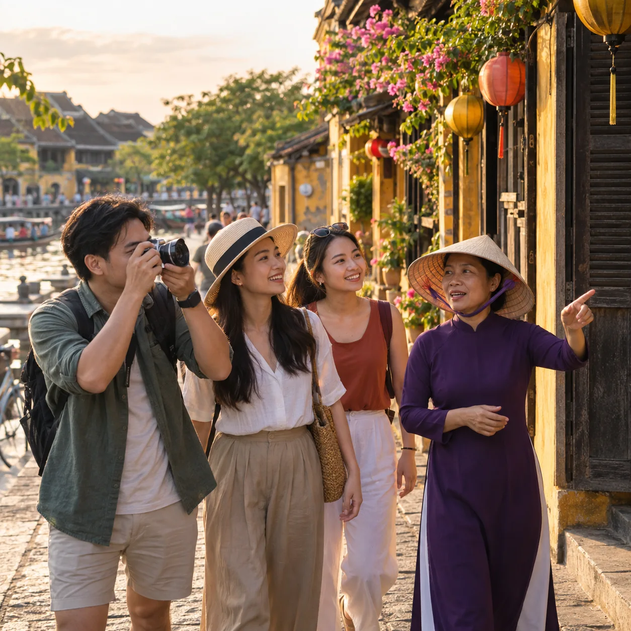 Mẫu ảnh vuông Instagram về nhóm du khách khám phá Hội An cùng hướng dẫn viên