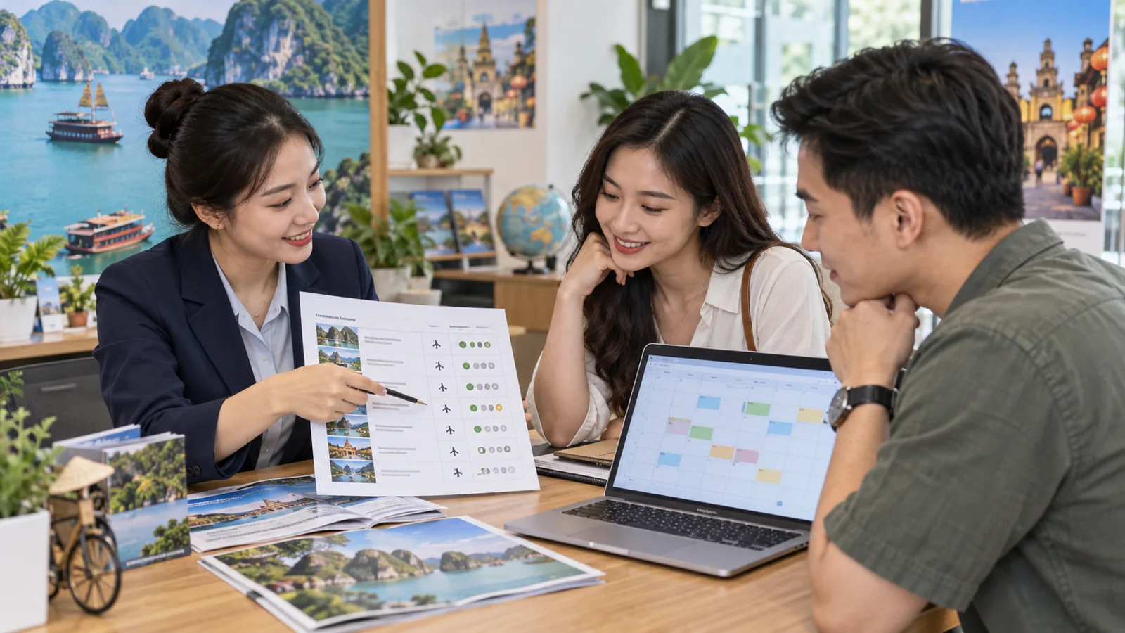 Tư vấn viên và khách đối chiếu lịch tour trong mẫu trang đích quảng cáo Google