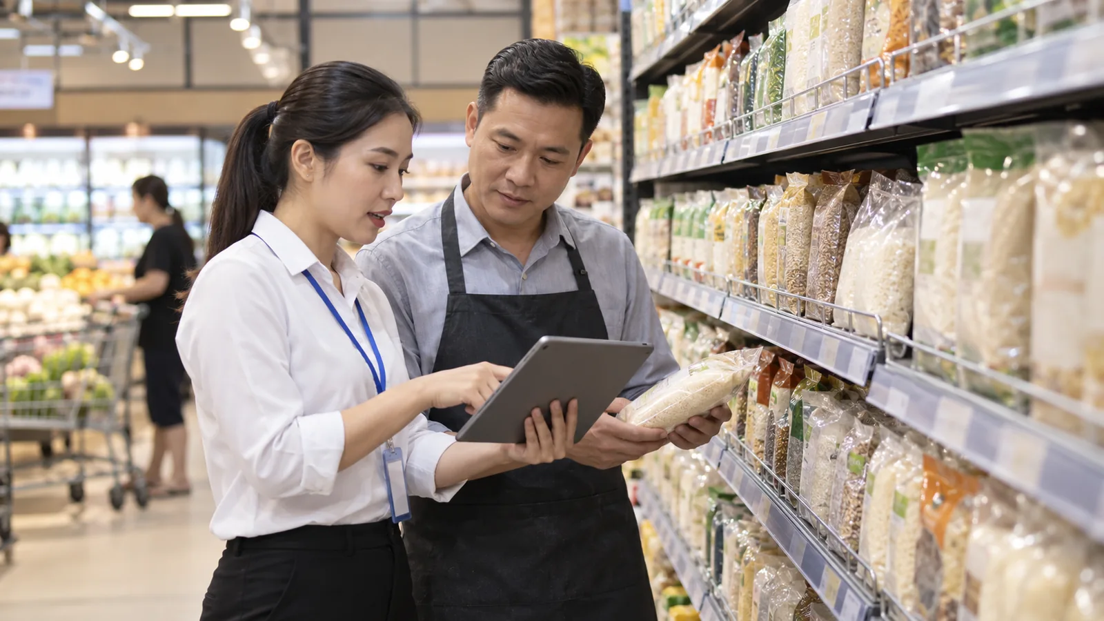 Đại diện nhãn hàng đối chiếu sản phẩm tại kệ bán lẻ