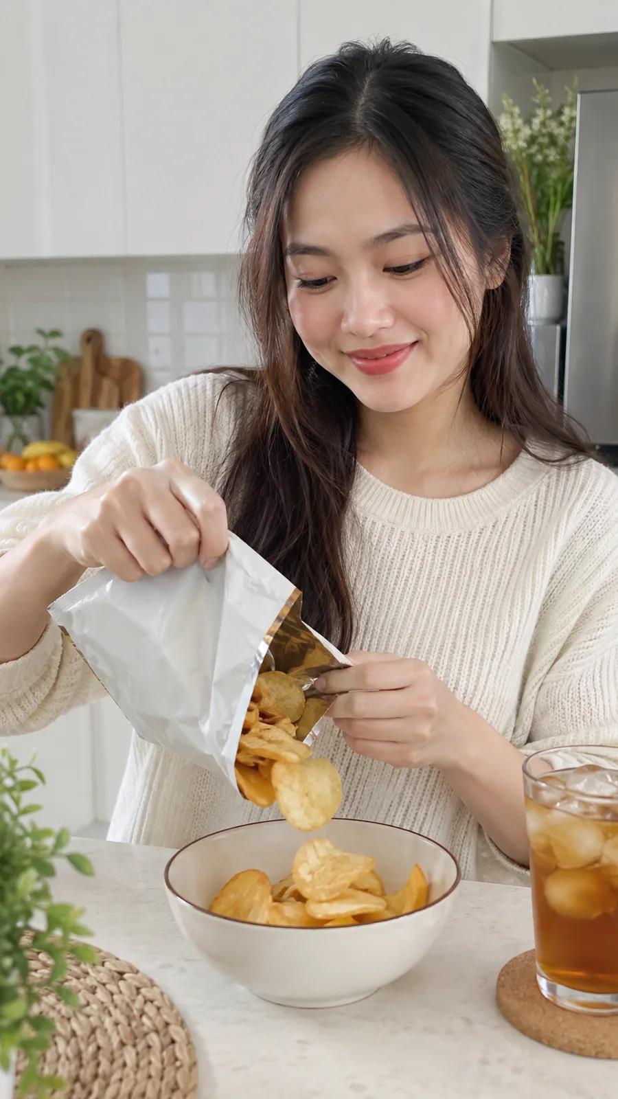 Người sáng tạo mở gói snack trong mẫu video dọc TikTok