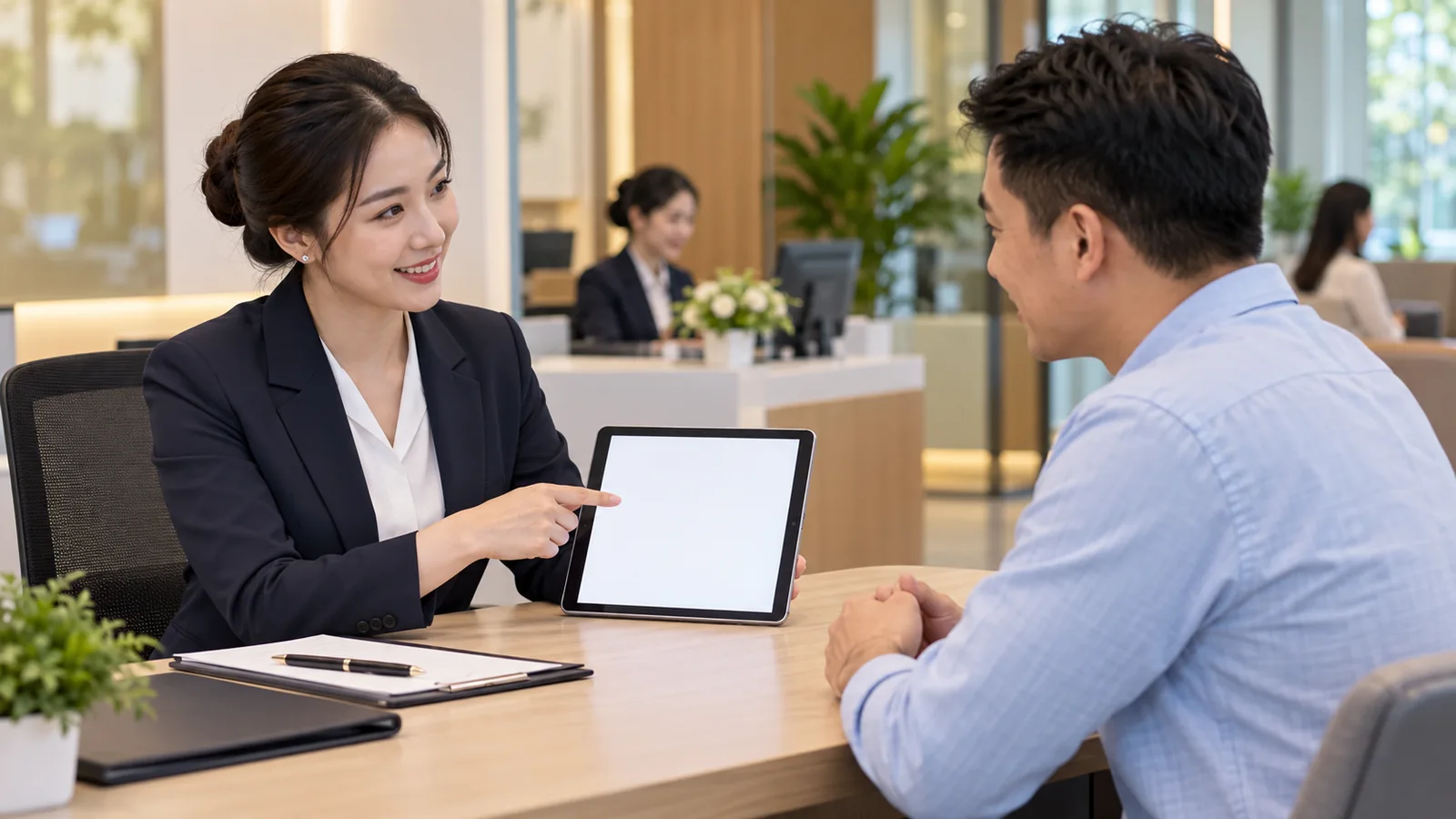 Nhân viên ngân hàng tư vấn khách hàng tại chi nhánh trong mẫu Google Ads